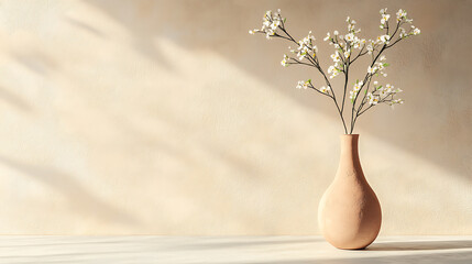 Poster - Clay vase with blossom twig on concrete floor near beige stucco wall, home decor background with copy space, minimalist interior design of modern living room