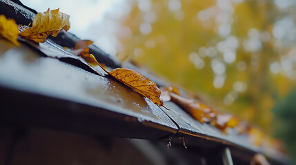 Poster - Cleaning the gutter from autumn leaves before winter season, roof gutter cleaning process