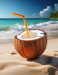 Wall Mural - coconut filled with fresh water sits on golden sand, inviting beachgoers to relax under the sun.