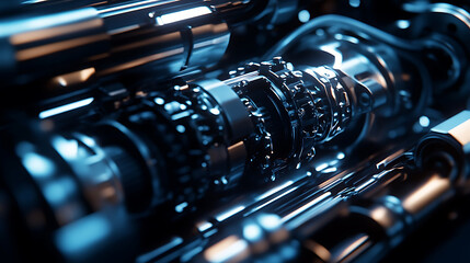 Aufkleber - Close-up of a sleek, modern automatic transmission with a complex array of gears, wires and hydraulic lines, illuminated by soft lighting