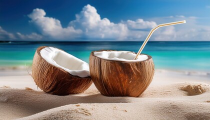 Wall Mural - two halved coconuts sit on soft sand, filled with refreshing liquid under a bright sky.