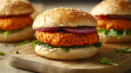 Poster - Close-up of vegan burger on wooden cutting board on the table