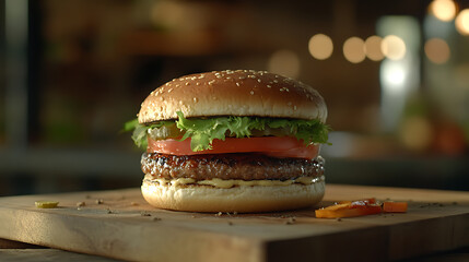 Poster - Close-up of vegan burger on wooden cutting board on the table