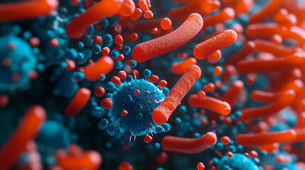 Aufkleber - Close up macro details of red blue microbes molecules virus bacteria, coronavirus outbreak covid-19, medicine concept, illustration