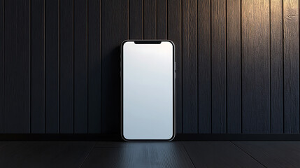 Fototapete - Close up of empty white mobile phone on dark wall and wooden surface background, mobile app concept, 3d rendering
