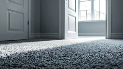 Poster - Close up of grey carpet in room with white door open to the entrance