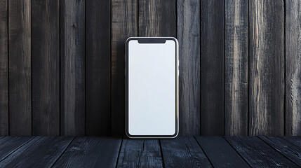 Aufkleber - Close up of empty white mobile phone on dark wall and wooden surface background, mobile app concept, 3d rendering