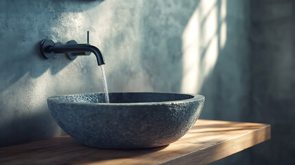 Aufkleber - Close up of stylish black round vessel sink on wooden counter and wall mounted faucet on grey stucco wall, minimalist interior design of modern bathroom