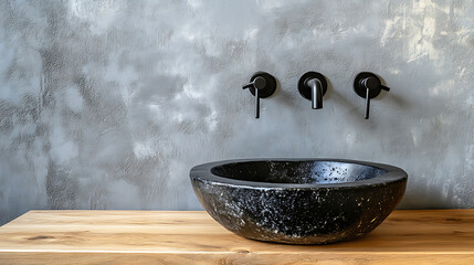 Poster - Close up of stylish black round vessel sink on wooden counter and wall mounted faucet on grey stucco wall, minimalist interior design of modern bathroom