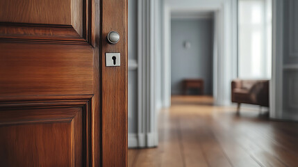 Poster - Close up of wooden door, minimalist scandinavian home interior design of modern living room