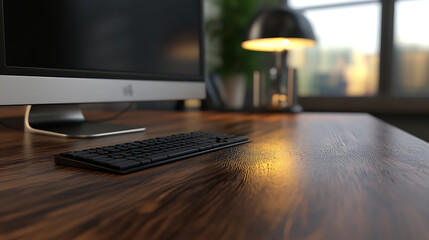 Fototapete - Close up of wooden office desk top with empty computer monitor and rfeflections, lamp and keyboard on blurry background, 3d rendering