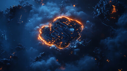 Poster - Cloud technology, data exchange and storage concept with 3d digital cloud symbol with circuit on dark blue abstract technological background and empty space, 3d rendering