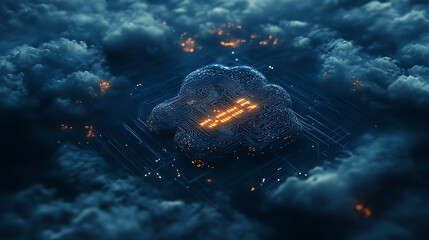 Poster - Cloud technology, data exchange and storage concept with 3d digital cloud symbol with circuit on dark blue abstract technological background and empty space, 3d rendering