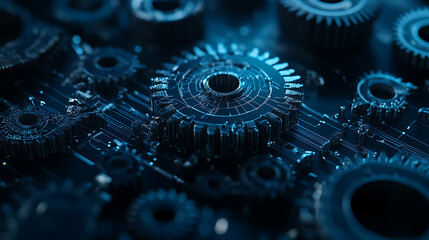 Fototapete - Cogs and gear wheel mechanisms concept, low polygonal blue mesh with lines, dots, and shapes, iso standards quality control concept