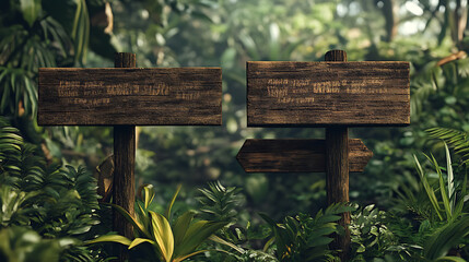 Poster - Collection of detailed wooden signboards surrounded by lush greenery, ideal for customized messages