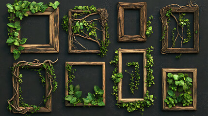 Poster - Collection of natural wooden and stone frames with lush greenery for game ui, isolated elements for eco-friendly design