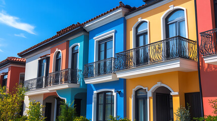 Poster - Colorful stucco traditional private townhouses, residential architecture exterior