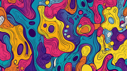 Poster - Colouful abstract organic shapes seamless illustration pattern, trendy retro style doodle backgound