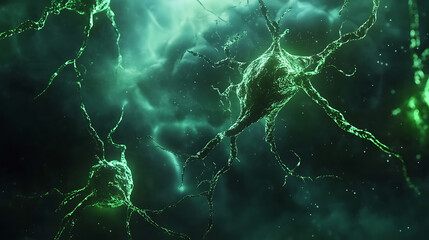 Poster - Conceptual illustration of neuron cells with glowing link knots, blue green neurons in brain on with focus effect, synapse and neuron cells sending electrical chemical signals