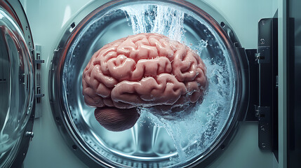 Poster - Conceptual image depicting a brain being washed inside a washing machine, representing the idea of brainwashing