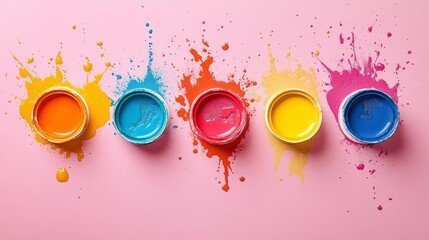 Poster - Colorful paint splashes from open paint cans on pink background.