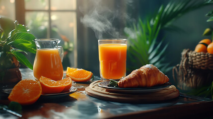 Poster - Continental breakfast with croissants, fresh orange juice, fruit and hot drink