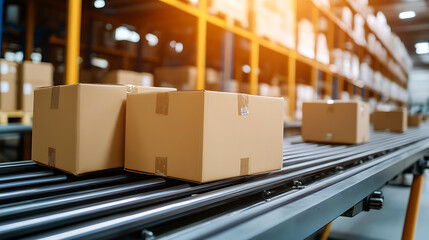 Poster - A conveyor belt is carrying boxes in a warehouse