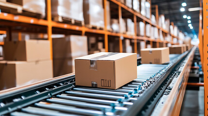 Aufkleber - A conveyor belt is carrying boxes in a warehouse
