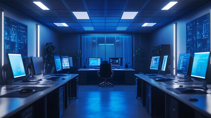 Poster - Corner view on bright office room interior with computers