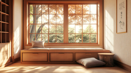Aufkleber - Cozy chill interior with seats and drawer with window, mockup empty wall