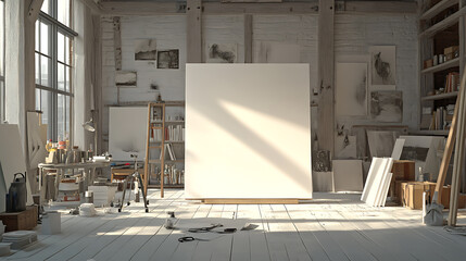 Aufkleber - 3d illustration of blank white canvas in a loft studio