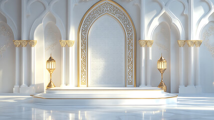 Aufkleber - 3d islamic white podium with gold, traditional lamp, beautiful muslim invitation with ramadan, eid mubarak, religion background