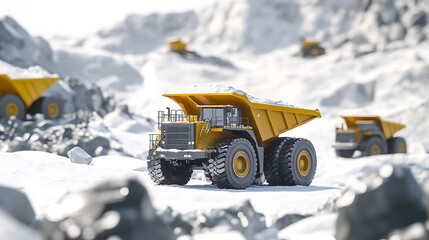 Poster - 3d rendering of a mining dump truck and other heavy construction equipment on a white background