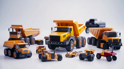 Poster - 3d rendering of a mining dump truck and other heavy construction equipment on a white background