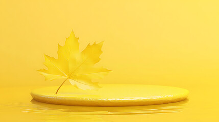 Poster - 3d yellow background products display podium scene with yellow leaf platform, podium, pedestal, layout, template for the presentation of a modern exhibition or gallery, 3d illustration