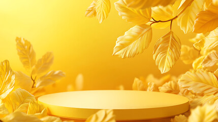 Poster - 3d yellow background products display podium scene with yellow leaf platform, podium, pedestal, layout, template for the presentation of a modern exhibition or gallery, 3d illustration