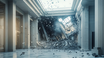 Aufkleber - A bank breaking and collapsing under economic pressure