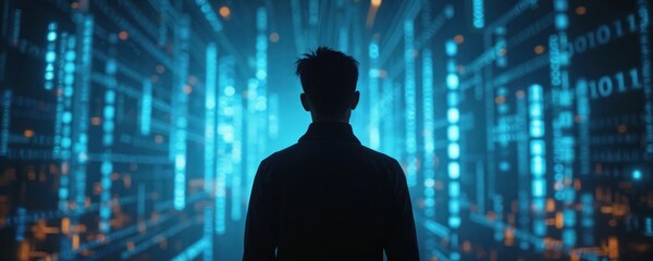 Fototapete - Silhouette individual facing tech digital media concepts. Person explores advanced tech innovations, AI, cyberspace. Binary code data streams, future. Man immersed data center, server room, software,