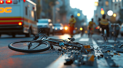 Aufkleber - A chaotic scene of a bicycle accident on a busy urban street, with a crumpled bike lying on the road, emergency services attending to the incident, and an ambulance parked nearby ready to assist