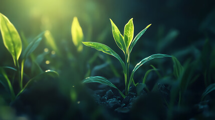 Aufkleber - A close up macro shot of a green seedling illuminated by sunlight