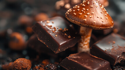 Aufkleber - A closeup image of a magic mushroom chocolate, the chocolate is infused with psilocybin, a naturally occurring psychedelic compound found in certain types of mushrooms, psychedelic edibles concept