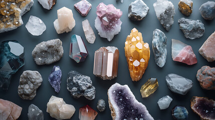 Poster - A collection of crystals and gemstones, lay flat design