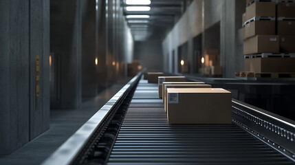 Poster - A conveyor belt is carrying boxes in a warehouse