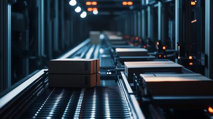 Poster - A conveyor belt is carrying boxes in a warehouse