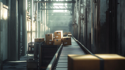 Leinwandbilder - A conveyor belt is carrying boxes in a warehouse