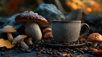 Poster - A cup of mushroom coffee on the table, surrounded by mushrooms and coffee beans