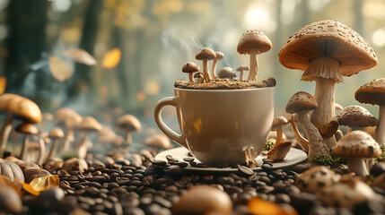 Poster - A cup of mushroom coffee on the table, surrounded by mushrooms and coffee beans