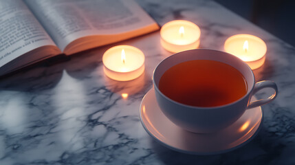 Aufkleber - A cup of tea with a book and burning scented candles on a marble table
