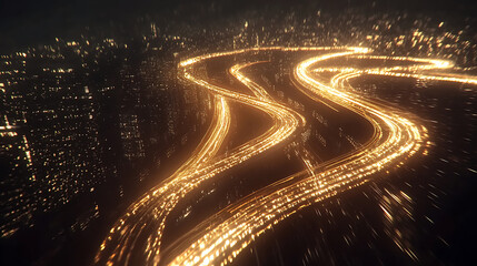 Aufkleber - A dynamic cityscape with light trails representing cars moving at high speed on a highway