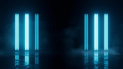 Poster - Abstract background with blue lights animation. Empty stage space for product presentation. Creative blank with copy space. Neon laser show motion texture. Seamless loop.